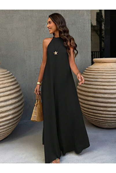 Take Two By Styli Black Plain Sleeveless A-Line Maxi Dress