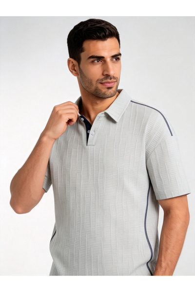 Take Two By Styli Grey Knitted Polo T-Shirt with Textured Jacquard