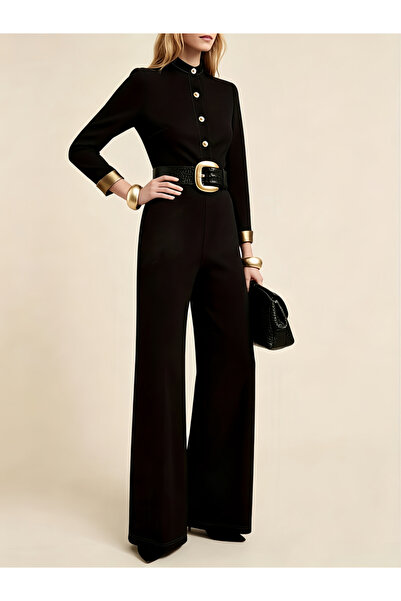 Take Two By Styli Chic Black Straight-Leg Jumpsuit with Gold Accents