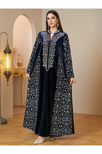 Take Two By Styli Navy Blue Velvet Embroidered Maxi Jalabiya Dress for Women