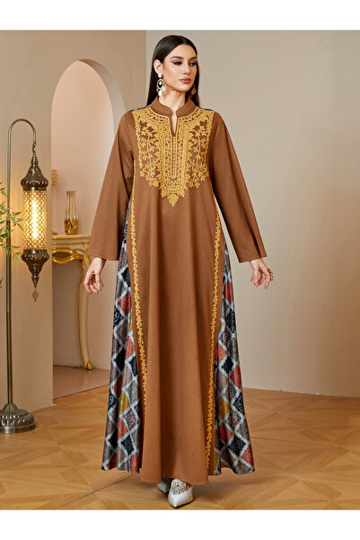 Take Two By Styli Coffee Brown Embroidered Maxi Jalabiya Dress for Women