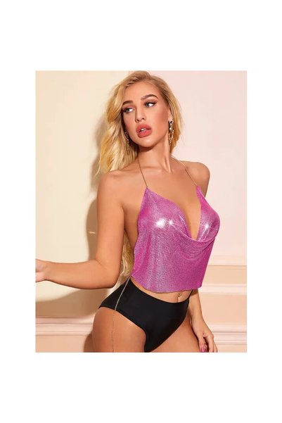 Generic Brand Crop și bluză fucsia strălucitoare, fără mâneci, cu decolteu bărcuță, bustieră tip armură