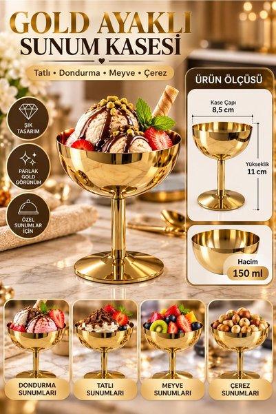 Kitchen Beauty Gold Ayaklı Sunum Kasesi - Şık Tatlı Dondurma Ve Meyve Kasesi Paslanmaz Çelik