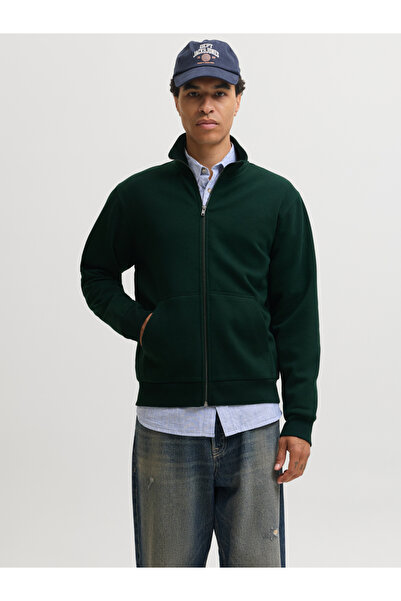Jack & Jones Dark Green JJEBRADLEY Solid Zip-Up Stand Collar Sweatshirt