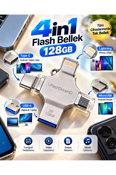 ilyas kayhan 128GB 4’lü Girişli Flash Bellek Lightning Type-C USB-A MicroUSB Telefon Tablet Bilgisayar Uyumlu