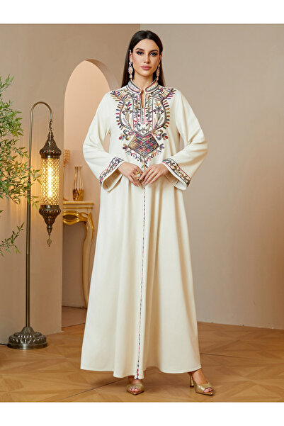 Take Two By Styli Beige Maxi Jalabiya with Vibrant Embroidery