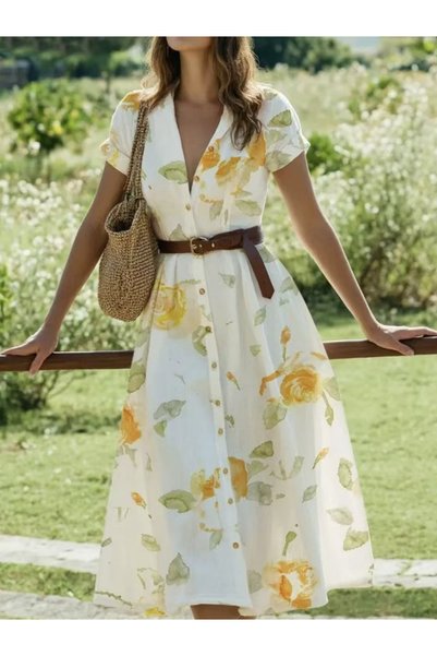 Take Two By Styli Yellow Floral A-Line Midi Dress with Short Sleeves
