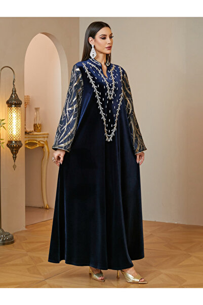 Take Two By Styli Navy Blue Velvet Maxi Jalabiya with Gold Embroidery