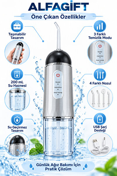 ALFAGİFT USB Şarjlı Taşınabilir Ağız Duşu 200 ml 3 Mod 4 Başlıklı Kablosuz Diş Arası Temizleme Cihazı