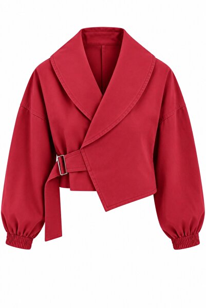 Laluvia Kırmızı Kendinden Kemerli Crop Ceket - 5169