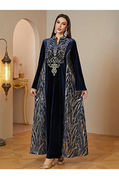 Take Two By Styli Navy Blue Velvet Maxi Jalabiya with Gold Embroidery