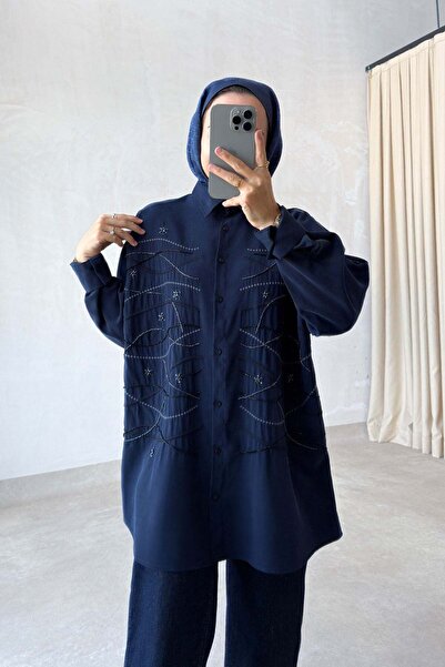 Ka Hijab Geometrik İşleme Oversize Gömlek - Lacivert