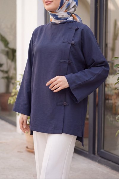 HİJABAYA Round Neck, Buttoned Front, Long Sleeves, Wide Sleeves, Hijab-Friend...