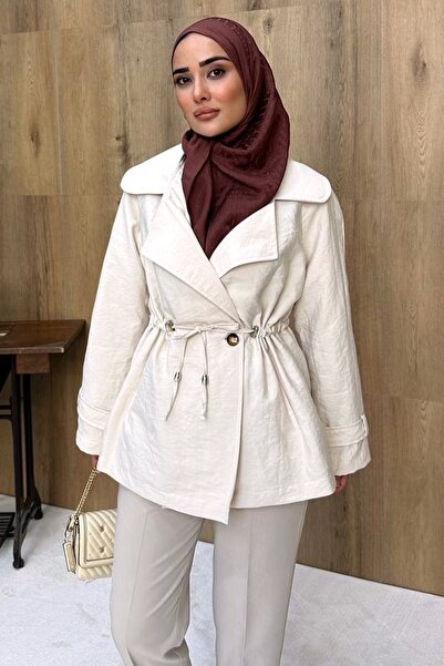 InStyle Büzgü Bağcıklı Astarlı Ekru Kısa Trençkot