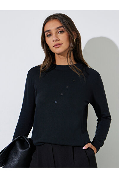 Styli Black Solid Regular Fit Knit Sweater with Asymmetric Button Detail
