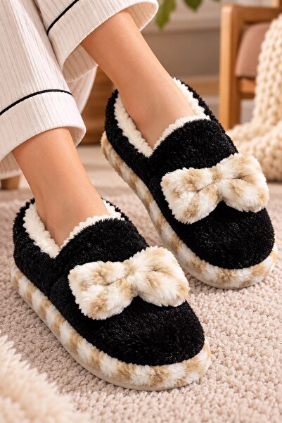 SAMURSPOR Women's - Girls' Ribbon Soft Furry Plush Slippers Home Boots Slippers