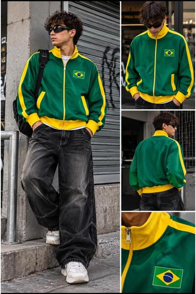 eyonnwear Hanorac sport unisex retro Brasil verde galben cu guler înalt și fe...