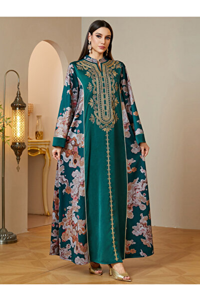 Take Two By Styli Green Embroidered Maxi Jalabiya Dress for Women