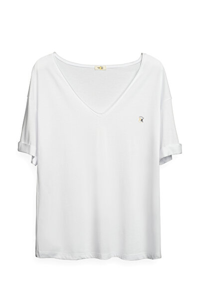 Kadın Beyaz V Yaka Duble Kol Tişört X Logo T-Shirt