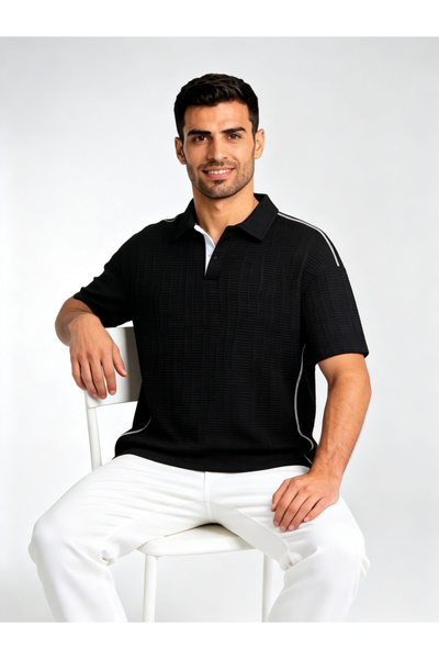 Take Two By Styli Black Knitted Polo T-Shirt with Textured Design