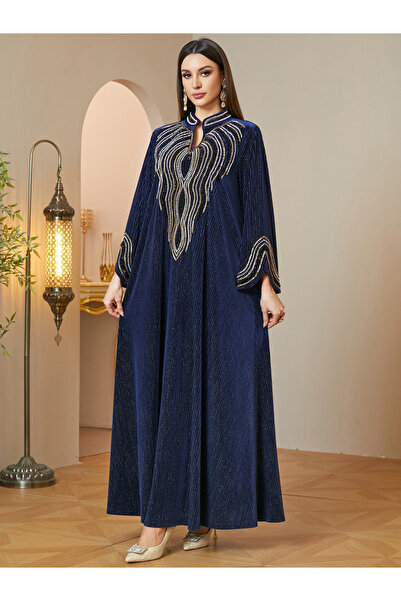 Take Two By Styli Navy Blue Maxi Jalabiya with Gold and Silver Embroidery
