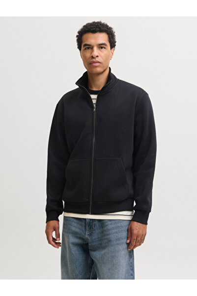 Jack & Jones Black JJEBRADLEY Solid Zip-Up Stand Collar Sweatshirt