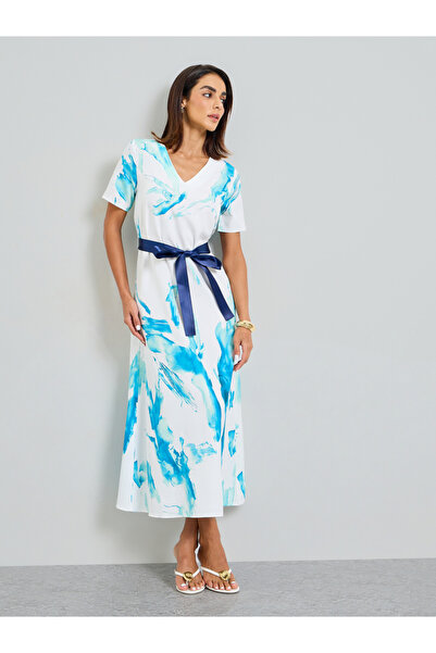 Take Two By Styli Abstract Print A-Line Maxi Dress with Belt