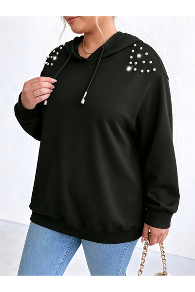 Take Two By Styli Plus Size Black Pearl Embellished Pullover Hoodie