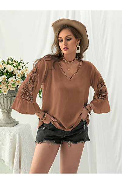 Take Two By Styli Womens Brown Lace Sleeve V-Neck Top