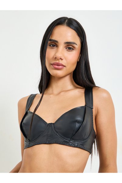 Take Two By Styli Black Non-Padded Faux Leather Bralette