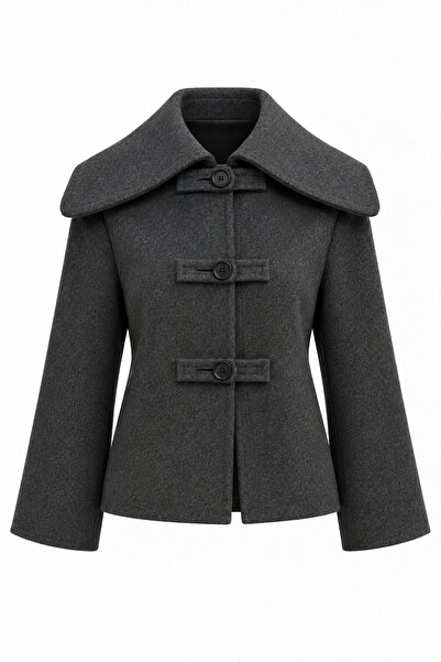 Laluvia Anthracite Buttoned Short Cashmere Jacket - 2Y7675