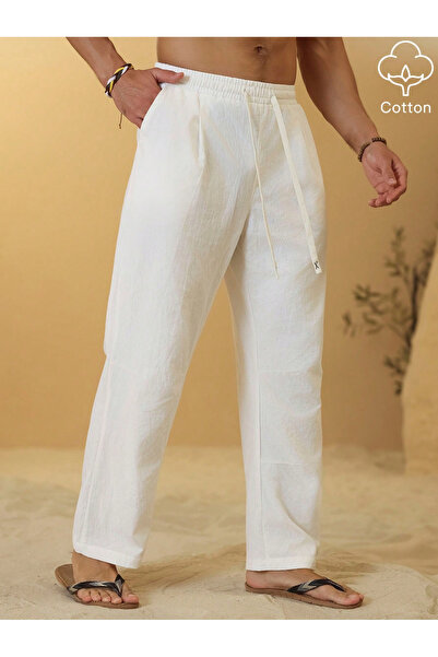 Take Two By Styli Men White Cotton Drawstring Trousers