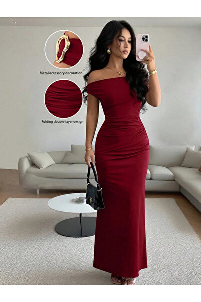 Take Two By Styli Burgundy Off-Shoulder Bodycon Maxi Dress
