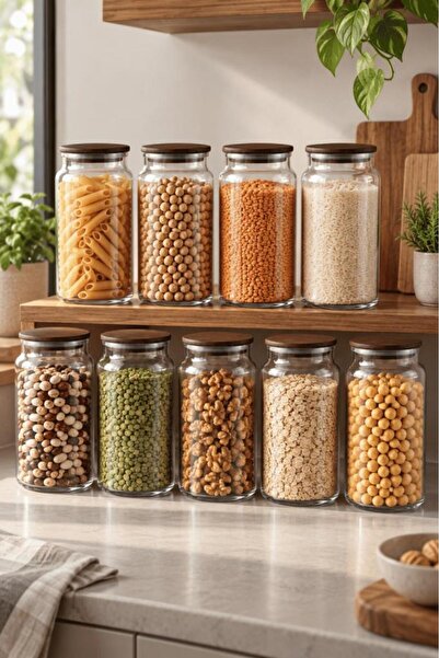 Atbyhome Nero Zone Bambu Kapaklı Cam Saklama Kabı 1300 ml 9'lu - Vakumlu Kile...