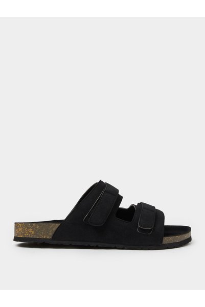 Styli Black Double Strap Suede Look Casual Sandals