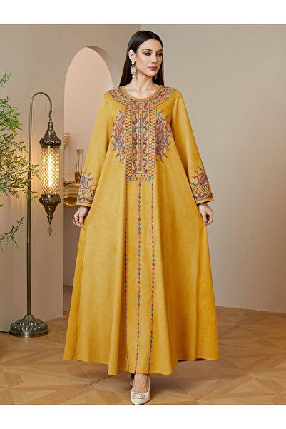 Take Two By Styli Yellow Embroidered Maxi Jalabiya Dress for Women