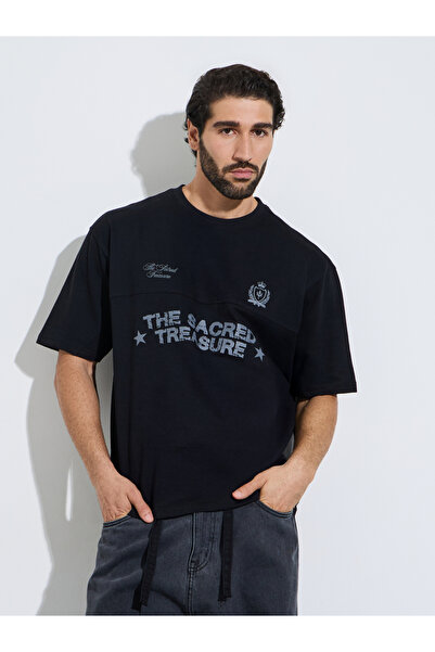 Styli Men Black Oversized Cut and Sew Detail Cotton Terry T-Shirt