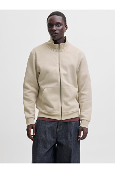 Jack & Jones Beige JJEBRADLEY Solid Zip-Up Stand Collar Sweatshirt