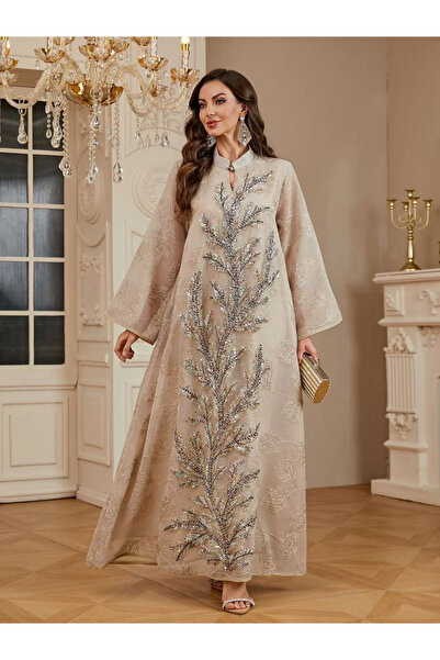 Take Two By Styli Beige Maxi Jalabiya with Shimmering Rhinestone Embellishment