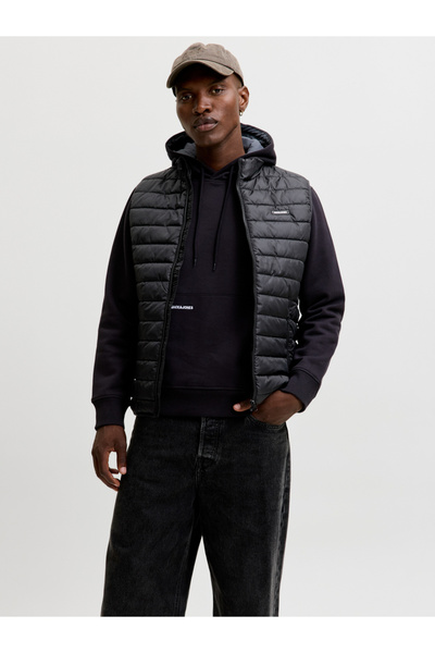 Jack & Jones Black JJELVIS Log Patchwork Zip-Up Padded Bodywarmer Vest