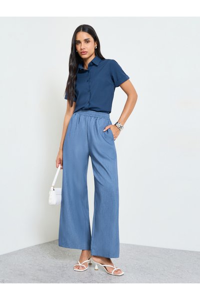 Take Two By Styli Blue Wide-Leg Elastic Waist Trousers