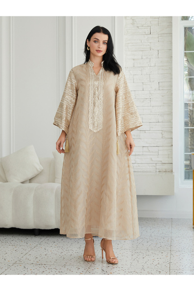 Take Two By Styli Beige Maxi Jalabiya Dress with Embellishments