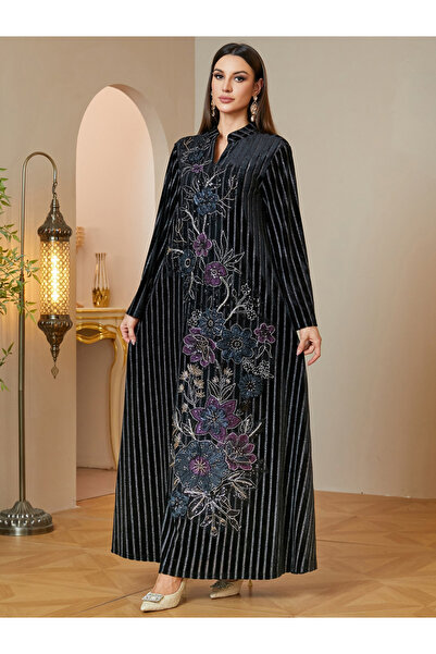 Take Two By Styli Black Velvet Maxi Jalabiya with Floral Embroidery