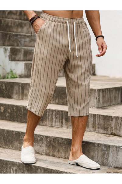 Take Two By Styli Beige Striped 3/4 Length Shorts with Drawstring