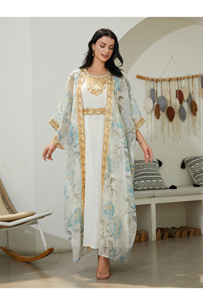 Take Two By Styli White Maxi Jalabiya with Gold and Floral Embellishments