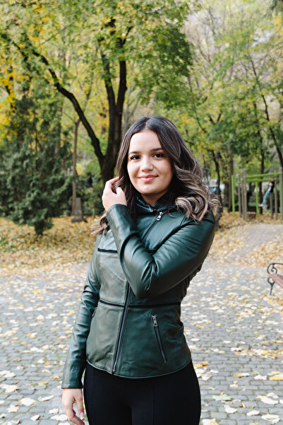 Nova Style Geacă de piele damă Nova Style, verde închis, croială mulată, cu f...