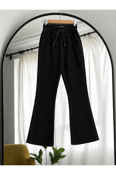 Hepsi Moda Beli Lastikli İspanyol Paça Kot Pantolon - 3457 - Siyah