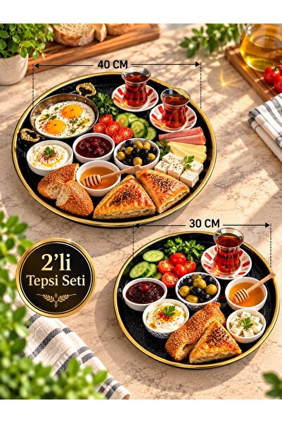 rozemara 2'li Metal Tepsi Seti Gold Kenarlı Siyah Desenli Dekoratif Tepsi 30 ...