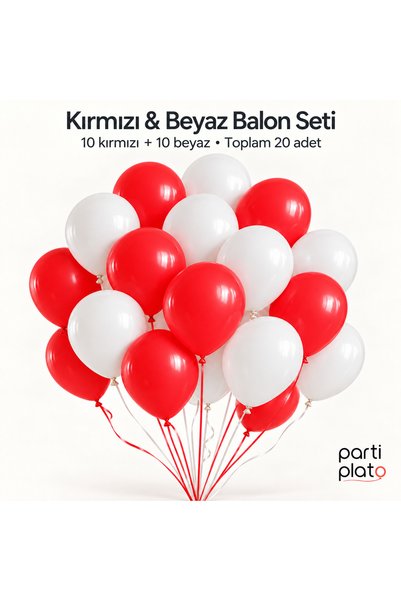 Parti Plato Kırmızı Beyaz Balon Seti 20 Adet 11 İnç Lateks Balon Doğum Günü P...