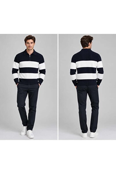Polo Yaka Triko Sweatshirt - Lacivert - ST 509
